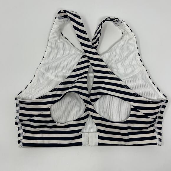 Athleta Navy Blue White XSmall Striped High Neck Mudra Sports Bra Cut Out Back - Picture 2 of 12